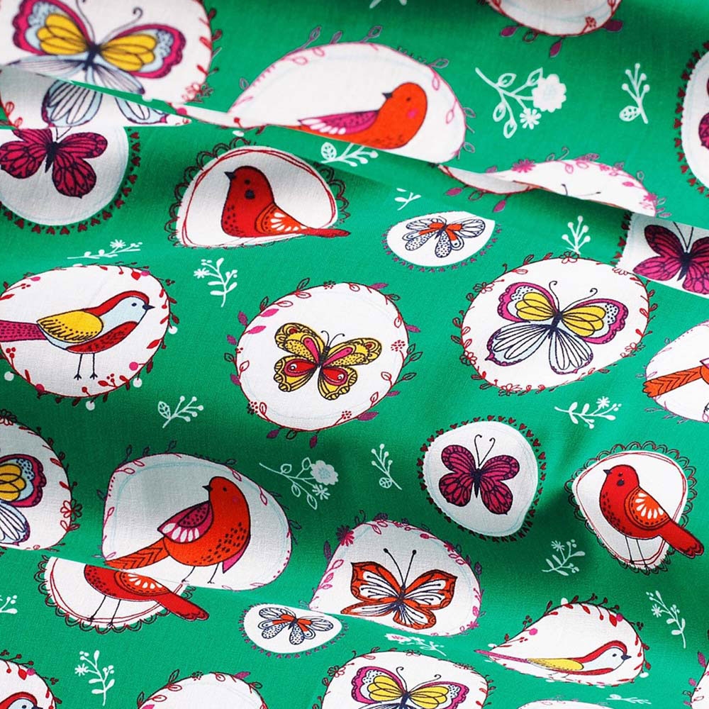 Birdy - Katoenen stof met vogels en vlinders - groen/turkoois
